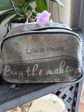 Mona B Canvas Makeup Bag - 'Life is short' Print - Gray